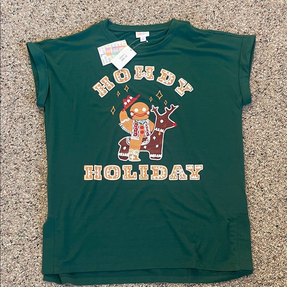LuLaRoe Green 'Howdy Holiday' Tee with Gingerbread Design